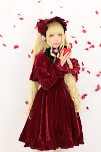 Rating: Safe Score: 0 Tags: 1girl blonde_hair blue_eyes dress flower petals red_dress rose rose_petals shinku solo striped User: admin