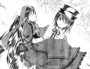 Rating: Safe Score: 0 Tags: 2girls bow closed_eyes dress frills greyscale hat image long_hair monochrome multiple_girls pair ribbon short_hair souseiseki suiseiseki very_long_hair User: admin