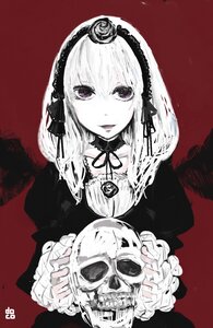 Rating: Safe Score: 0 Tags: 1girl black_ribbon dress flower frills gothic_lolita image long_sleeves looking_at_viewer red_background ribbon rose simple_background skull solo suigintou upper_body wings User: admin