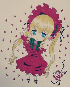 Rating: Safe Score: 0 Tags: 1girl blonde_hair blue_eyes blush bow bowtie dress drill_hair flower image long_hair looking_at_viewer petals rose rose_petals shinku solo traditional_media twintails User: admin