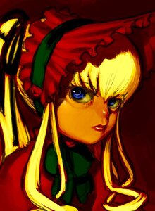 Rating: Safe Score: 0 Tags: 1girl bangs blonde_hair blue_eyes bonnet hat image long_hair looking_at_viewer portrait rose shinku simple_background solo User: admin