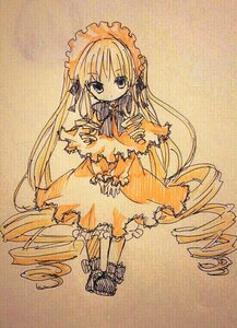 Rating: Safe Score: 0 Tags: 1girl blonde_hair capelet dress drill_hair frills full_body image long_hair long_sleeves looking_at_viewer shinku solo standing traditional_media very_long_hair User: admin