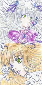 Rating: Safe Score: 0 Tags: 2girls bangs barasuishou blonde_hair bow flower frills green_eyes hair_ornament hair_ribbon image kirakishou long_hair multiple_girls pair profile ribbon rose traditional_media watercolor_(medium) white_rose yellow_eyes User: admin