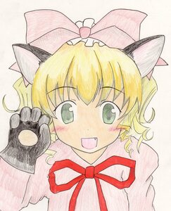 Rating: Safe Score: 0 Tags: 1girl animal_ears blonde_hair cat_ears green_eyes hat hinaichigo image kirisame_marisa open_mouth ribbon smile solo traditional_media User: admin