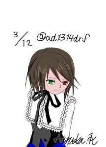 Rating: Safe Score: 0 Tags: 1girl brown_hair dated english_text frills green_eyes heterochromia long_sleeves looking_at_viewer red_eyes ribbon shirt smile solo souseiseki striped vertical_stripes white_background User: admin