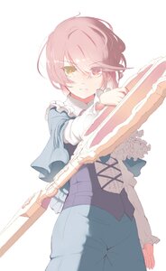 Rating: Safe Score: 0 Tags: 1girl frills holding image long_sleeves looking_at_viewer pink_hair shiroinu shirt short_hair solo souseiseki striped white_background yellow_eyes User: admin