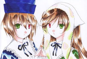 Rating: Safe Score: 0 Tags: 2girls auto_tagged black_ribbon brown_hair frills green_eyes hat head_scarf heterochromia image long_hair long_sleeves looking_at_viewer multiple_girls open_mouth pair red_eyes ribbon short_hair siblings sisters souseiseki suiseiseki traditional_media twins User: admin