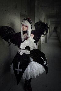 Rating: Safe Score: 0 Tags: 1girl black_dress choker dress frills gothic_lolita lolita_fashion long_hair long_sleeves solo standing suigintou white_hair User: admin