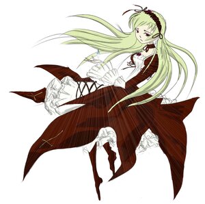 Rating: Safe Score: 0 Tags: 1girl dress frills full_body green_hair hairband image long_hair long_sleeves red_eyes rose simple_background solo standing suigintou very_long_hair white_background User: admin