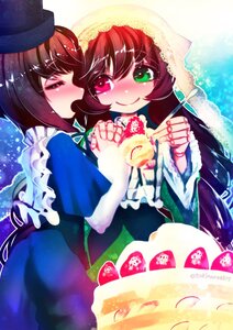 Rating: Safe Score: 0 Tags: 2girls blush brown_hair cake dress food fork fruit green_dress green_eyes hat image long_hair multiple_girls pair red_eyes short_hair siblings sisters smile souseiseki strawberry suiseiseki yuri User: admin