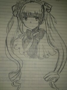 Rating: Safe Score: 0 Tags: 1girl dress image long_hair looking_at_viewer monochrome shinku sketch smile solo twintails User: admin