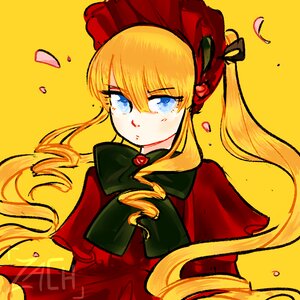 Rating: Safe Score: 0 Tags: 1girl blonde_hair blue_eyes bow bowtie capelet dress drill_hair flower green_bow green_neckwear image long_hair long_sleeves looking_at_viewer petals red_capelet red_dress rose_petals shinku simple_background solo twintails upper_body yellow_background User: admin
