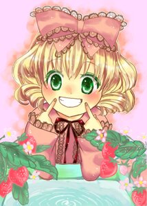 Rating: Safe Score: 0 Tags: 1girl blonde_hair blush bow cherry finger_to_mouth flower food fruit grapes green_eyes grin hair_bow hina_ichigo hinaichigo image pink_background pink_bow short_hair smile solo strawberry strawberry_print User: admin
