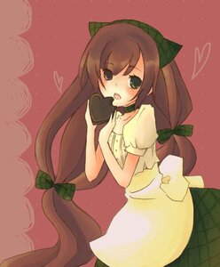 Rating: Safe Score: 0 Tags: 1girl apron bow brown_hair chocolate chocolate_heart choker food green_bow hair_bow heart image long_hair solo suiseiseki twintails valentine User: admin