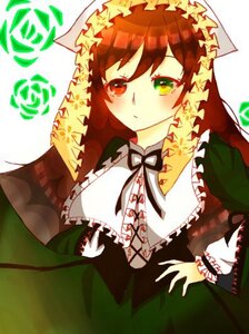 Rating: Safe Score: 0 Tags: 1girl bangs brown_hair dress frills green_dress green_eyes image long_hair long_sleeves looking_at_viewer red_eyes simple_background solo suiseiseki upper_body white_background User: admin