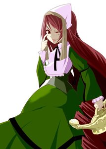 Rating: Safe Score: 0 Tags: 1girl brown_hair dress green_dress head_scarf image long_hair long_sleeves looking_at_viewer one_eye_closed red_eyes simple_background solo suiseiseki very_long_hair white_background User: admin