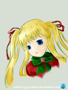 Rating: Safe Score: 0 Tags: 1girl blonde_hair blue_eyes flower grey_background hair_ribbon image long_hair looking_at_viewer ribbon rose shinku simple_background solo twintails User: admin