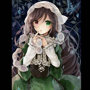 Rating: Safe Score: 0 Tags: 1girl bug butterfly corset dress flower green_dress green_eyes head_scarf heterochromia image insect lolita_fashion long_hair long_sleeves looking_at_viewer red_eyes solo suiseiseki very_long_hair User: admin