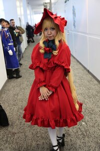 Rating: Safe Score: 0 Tags: 1girl blonde_hair blurry bow dress long_hair own_hands_together red_dress shinku solo standing v_arms User: admin