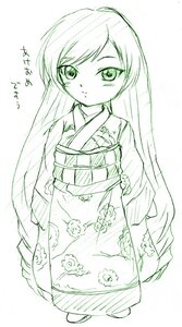 Rating: Safe Score: 0 Tags: 1girl bangs blush floral_print full_body green_theme image japanese_clothes kimono long_hair long_sleeves looking_at_viewer monochrome seiza solo suiseiseki very_long_hair User: admin