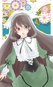 Rating: Safe Score: 0 Tags: 1girl :o brown_hair corset dress flower frills green_dress green_eyes hat head_scarf heterochromia image long_hair long_sleeves looking_at_viewer open_mouth red_eyes solo suiseiseki very_long_hair User: admin