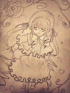 Rating: Safe Score: 0 Tags: 1girl bonnet dress flower frills full_body image long_hair long_sleeves looking_at_viewer monochrome rose shinku solo standing traditional_media twintails umbrella very_long_hair User: admin