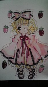 Rating: Safe Score: 0 Tags: 1girl apple blonde_hair bow dress food frills fruit full_body grapes hina_ichigo hinaichigo holding_fruit image long_sleeves looking_at_viewer one_eye_closed pink_bow pink_dress short_hair simple_background smile solo standing strawberry traditional_media User: admin