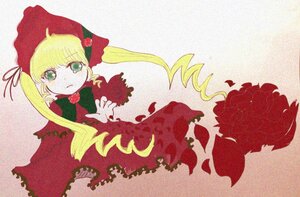 Rating: Safe Score: 0 Tags: 1girl blonde_hair bonnet dress flower green_eyes image long_hair long_sleeves looking_at_viewer petals red_dress rose shinku solo twintails User: admin