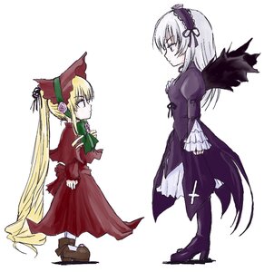 Rating: Safe Score: 0 Tags: 2girls black_wings blonde_hair bonnet boots bow dress eye_contact frills hairband high_heel_boots high_heels image long_hair long_sleeves looking_at_another multiple_girls pair rose shinku silver_hair standing suigintou very_long_hair white_background wings User: admin
