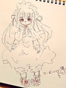 Rating: Safe Score: 0 Tags: 1girl bangs blush closed_mouth dress eyebrows_visible_through_hair full_body image long_hair long_sleeves looking_at_viewer maid maid_headdress monochrome shinku shoes smile solo standing very_long_hair User: admin
