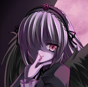 Rating: Safe Score: 0 Tags: 1girl black_wings dress finger_to_mouth flower hairband image long_hair long_sleeves looking_at_viewer pink_eyes rose silver_hair solo suigintou wings User: admin