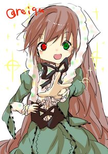 Rating: Safe Score: 0 Tags: 1girl :d brown_hair dress frills green_dress green_eyes heterochromia image long_hair long_sleeves looking_at_viewer open_mouth red_eyes simple_background smile solo sparkle suiseiseki very_long_hair white_background User: admin