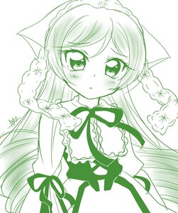 Rating: Safe Score: 0 Tags: 1girl blush braid dress green_theme image long_hair long_sleeves looking_at_viewer monochrome ribbon solo suiseiseki twin_braids upper_body User: admin