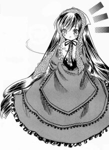 Rating: Safe Score: 0 Tags: 1girl blush dress frills full_body greyscale image long_hair long_sleeves looking_at_viewer monochrome solo suiseiseki very_long_hair User: admin