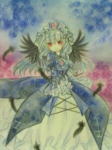 Rating: Safe Score: 0 Tags: 1girl black_wings dress feathers flower frills image long_hair long_sleeves looking_at_viewer red_eyes ribbon rose solo suigintou traditional_media watercolor_(medium) wings User: admin