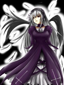 Rating: Safe Score: 0 Tags: 1girl black_wings dress feathers frills hairband image long_hair long_sleeves looking_at_viewer puffy_sleeves solo standing suigintou very_long_hair wings User: admin