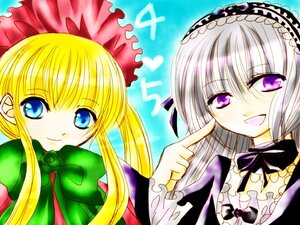 Rating: Safe Score: 0 Tags: 2girls blonde_hair blue_eyes bonnet bow bowtie dress flower frills green_bow hairband image long_hair long_sleeves looking_at_viewer multiple_girls open_mouth pair rose shinku smile suigintou twintails User: admin