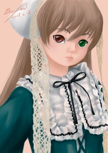 Rating: Safe Score: 0 Tags: 1girl bangs black_ribbon blurry brown_hair closed_mouth dress frills green_eyes heterochromia image long_hair long_sleeves looking_at_viewer ribbon signature simple_background solo suiseiseki upper_body User: admin