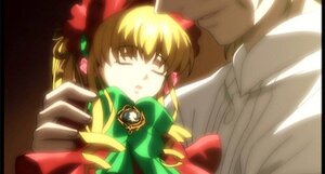 Rating: Safe Score: 0 Tags: 1boy 1girl blonde_hair bow brooch closed_eyes dress hat image jewelry kiss long_sleeves shinku solo User: admin