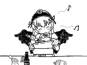 Rating: Safe Score: 0 Tags: 1girl closed_eyes eighth_note greyscale hairband image lolita_hairband long_sleeves monochrome musical_note smile solo suigintou white_background User: admin