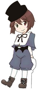 Rating: Safe Score: 0 Tags: 1girl blush boots brown_hair capelet full_body green_eyes hat heterochromia image long_sleeves looking_at_viewer pantyhose ribbon short_hair shorts smile solo souseiseki standing white_legwear User: admin