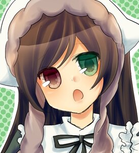 Rating: Safe Score: 0 Tags: 1girl :o apron blush brown_hair dress frills green_background green_eyes halftone halftone_background image long_hair looking_at_viewer open_mouth polka_dot polka_dot_background solo suiseiseki User: admin