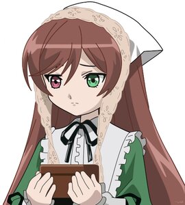 Rating: Safe Score: 0 Tags: 1girl auto_tagged bangs black_ribbon book brown_hair closed_mouth dress frills green_dress green_eyes head_scarf heterochromia holding image long_hair long_sleeves looking_at_viewer neck_ribbon ribbon simple_background solo suiseiseki white_background User: admin