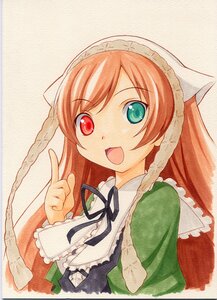 Rating: Safe Score: 0 Tags: 1girl :d brown_hair green_eyes head_scarf heterochromia image index_finger_raised long_hair long_sleeves looking_at_viewer marker_(medium) open_mouth red_eyes ribbon simple_background smile solo suiseiseki traditional_media upper_body User: admin