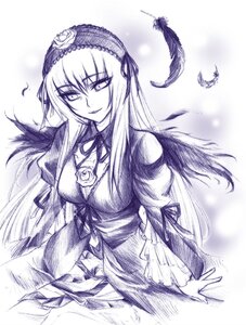 Rating: Safe Score: 0 Tags: 1girl bangs breasts commentary_request dress feathers flower frilled_sleeves frills hairband image kitano_tomotoshi long_hair long_sleeves looking_at_viewer monochrome purple_theme ribbon rose rozen_maiden smile solo suigintou traditional_media wings User: admin