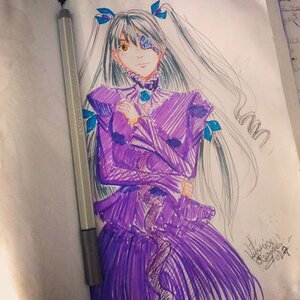 Rating: Safe Score: 0 Tags: 1girl artist_name barasuishou bug butterfly butterfly_hair_ornament dress eyepatch frills hair_ornament image insect long_hair long_sleeves looking_at_viewer purple_dress ribbon signature solo traditional_media very_long_hair User: admin