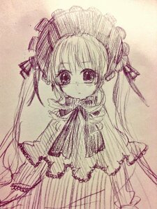 Rating: Safe Score: 0 Tags: 1girl blush capelet dress hair_ribbon hat image lolita_fashion long_hair long_sleeves looking_at_viewer monochrome ribbon shinku simple_background solo traditional_media twintails User: admin