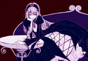 Rating: Safe Score: 0 Tags: 1girl cross-laced_clothes detached_collar dress frilled_sleeves frills hairband image long_hair long_sleeves looking_at_viewer monochrome red_eyes rose simple_background sitting smile solo suigintou wings User: admin