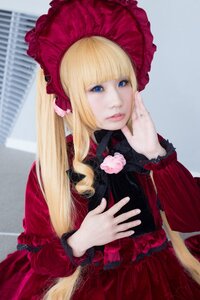 Rating: Safe Score: 0 Tags: 1girl bangs blonde_hair blue_eyes blunt_bangs blurry bonnet dress flower frills gothic_lolita lips lolita_fashion long_hair long_sleeves looking_at_viewer pink_rose red_dress rose shinku solo User: admin