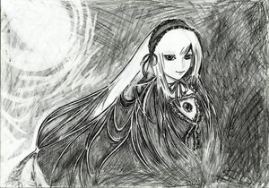 Rating: Safe Score: 0 Tags: 1girl dress frills greyscale hairband image lolita_hairband long_hair long_sleeves looking_at_viewer monochrome ribbon smile solo suigintou traditional_media very_long_hair User: admin